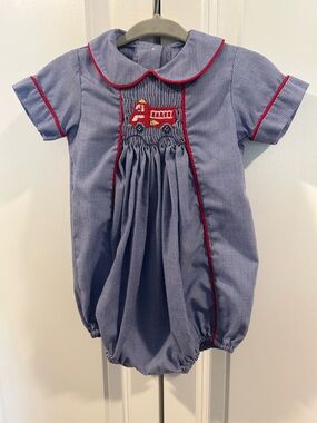 Little English Blue Gingham Bubble Romper with Red Fire Truck Smocking